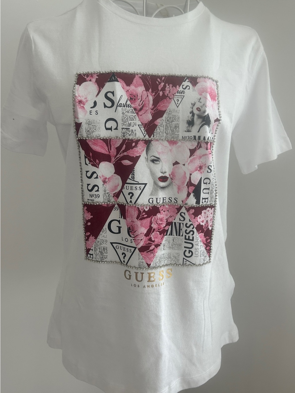 Guess White Tee with Pink Embellished Graphic Design